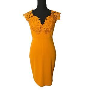 Women's V Neck Lace Detail Mustard Dress Small